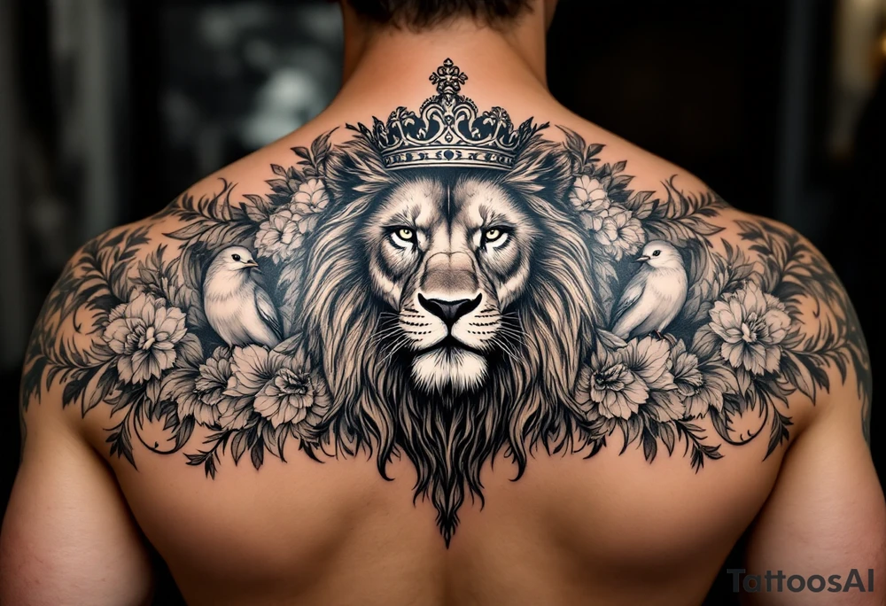 powerful majestic lion with a crown, surrounded by floral ornaments and birds tattoo idea