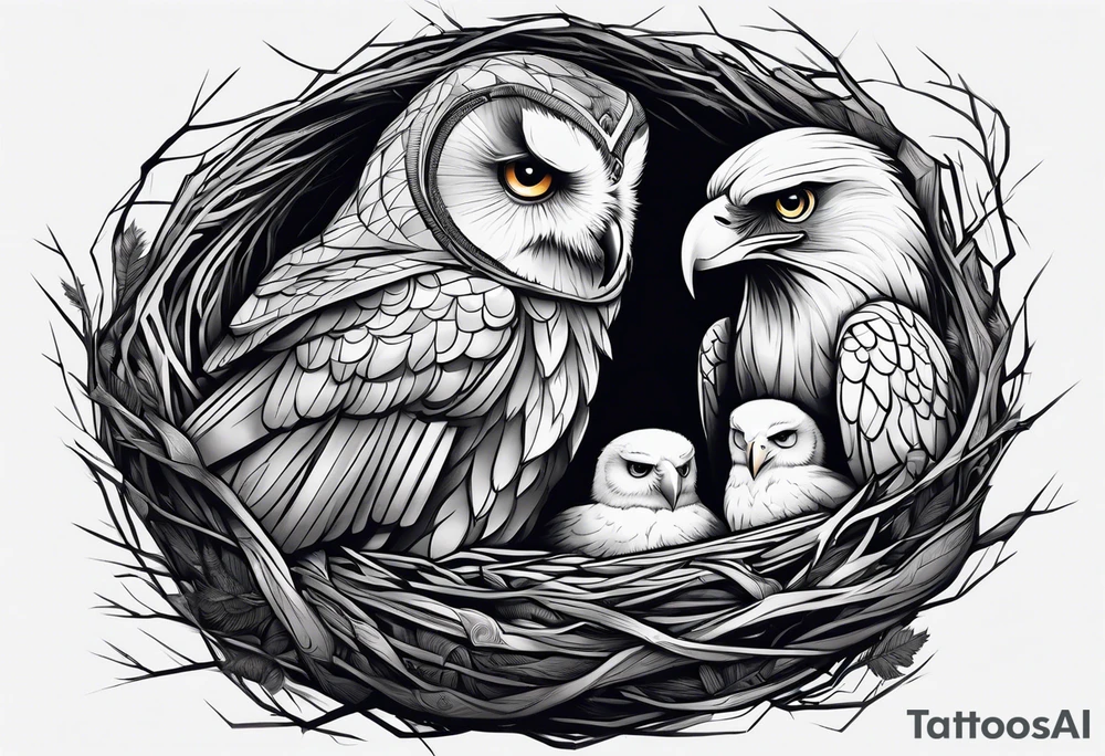 Owl, raven, eagle cuddled in a nest, birdseye view tattoo idea
