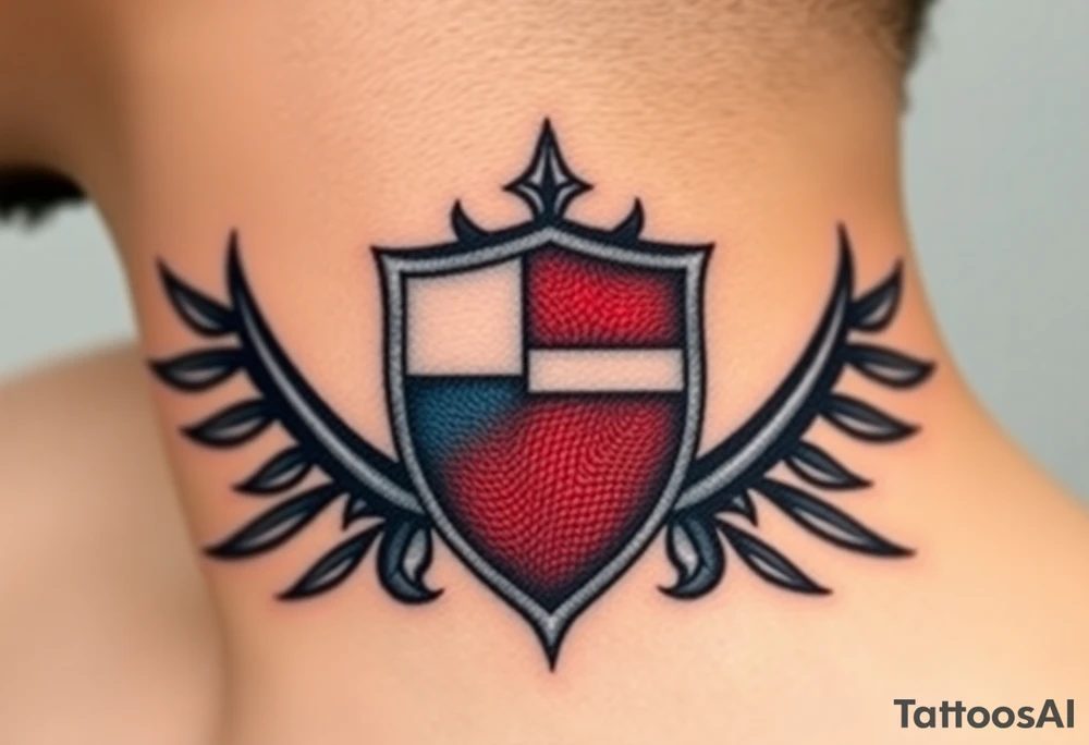 A classical Czech flag (blue, white up, red down) inside a shield emblem, with metallic textures enhancing its strength and durability tattoo idea