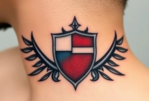 A classical Czech flag (blue, white up, red down) inside a shield emblem, with metallic textures enhancing its strength and durability tattoo idea