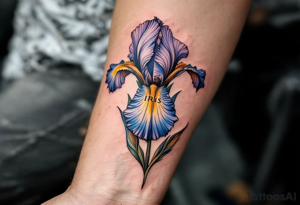 big iris flower with the name “IRIS” written in the stem of the flower in cursive on the outside of the forearm tattoo idea