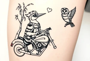 Woody the woodpecker wearing a leather vest that says peckerwoods, on a Harley Davidson under a willow tree, gazing in love at a barn owl tattoo idea