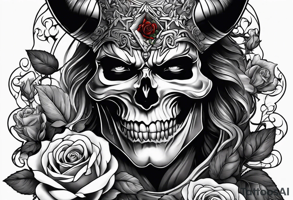devil with roses and skull tattoo idea