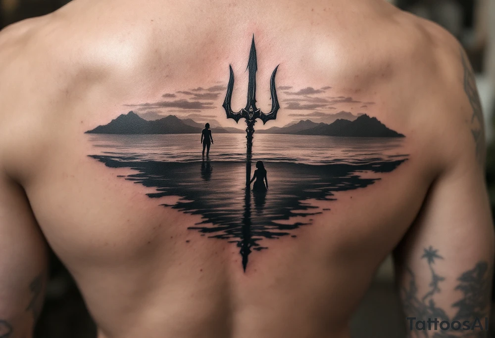 trident half way under calm water at sunset with woman tattoo idea