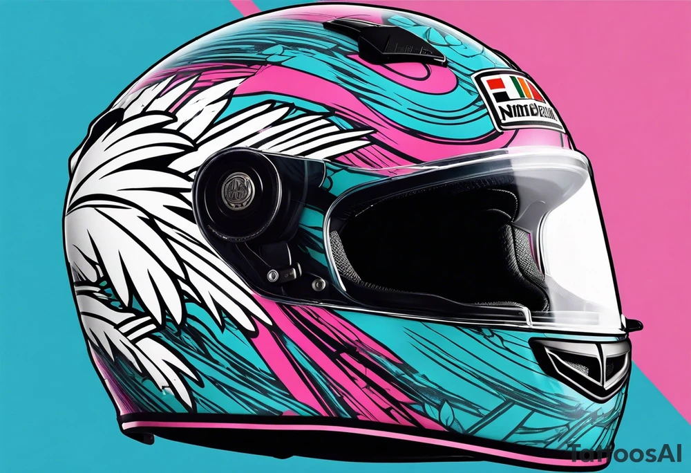 formula 1 helment with a palm tree and black light blue and pink colors tattoo idea