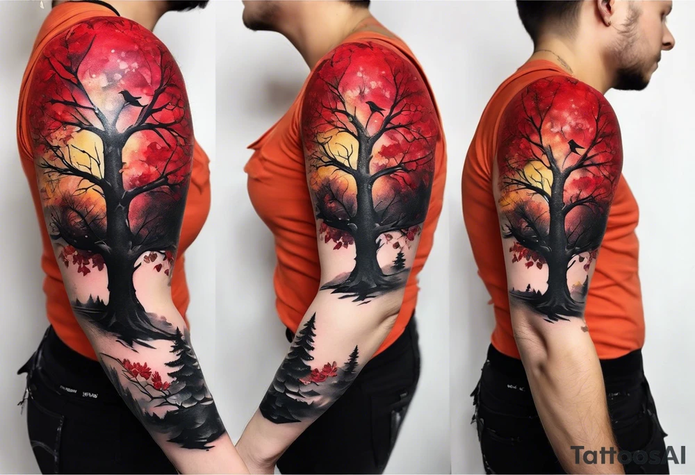 trash polka style. Arm tattoo. Long tattoo. Full sleeve. Shoulder. A single large maple tree with red autumn leaves that branches upwards from wrist to shoulder. White-throated dipper bird on the trees branches. Calluna flowers at the base of the trees stem. Tree stem has dark colors. Red/yellow sunset behind the trees stem. Leaves falling. tattoo idea