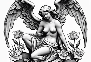 Simple Angel statue stood on a rock with daffodils and roses wrapped around its legs tattoo idea