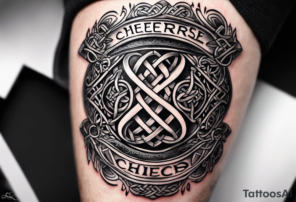 Cheers Mate text, armband +Celtic +Cancer Ribbon +tribal +artistic +a toast tattoo idea
