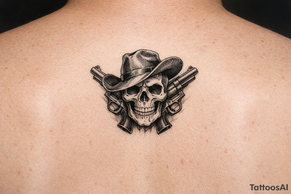 Close-up skull wearing a tilted cowboy hat, pistols flanking. tattoo idea