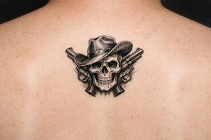 Close-up skull wearing a tilted cowboy hat, pistols flanking. tattoo idea