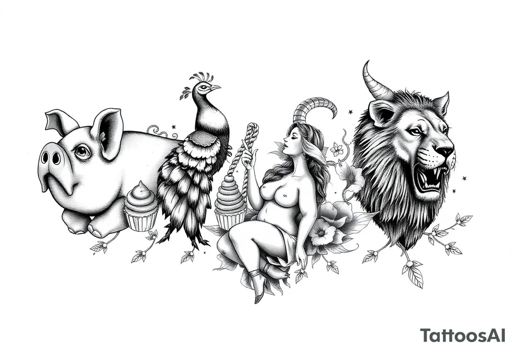 Storm clouds, pig, peacock , fat sexy naked fat woman, cupcakes, noose , money, goat, lion, couple having sex, cigerette storm lightening, killing, darkness, anger tattoo idea