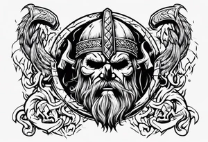 viking head with the phrase "In the Halls of Valhalla, the brave will live forever." tattoo idea