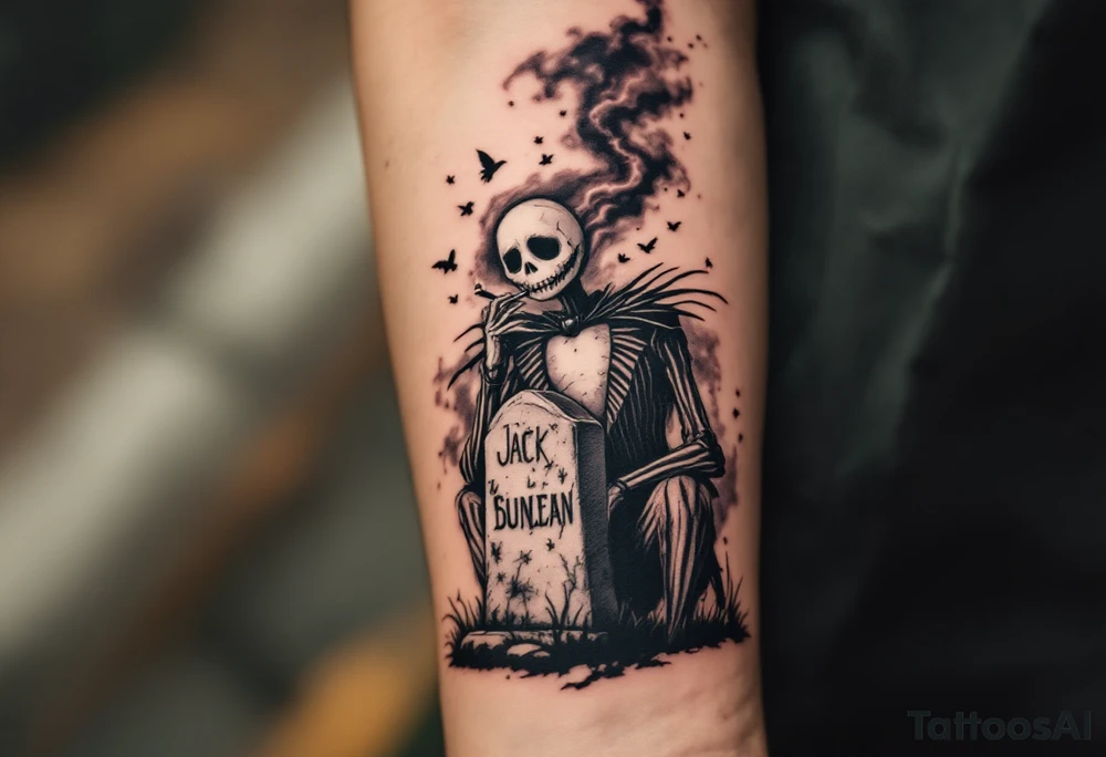 jack skellington smoking,sitting on tombstone, birds, thunderstorm tattoo idea