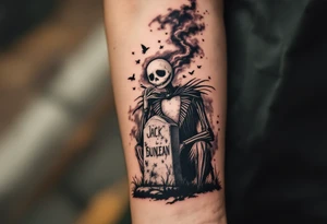 jack skellington smoking,sitting on tombstone, birds, thunderstorm tattoo idea