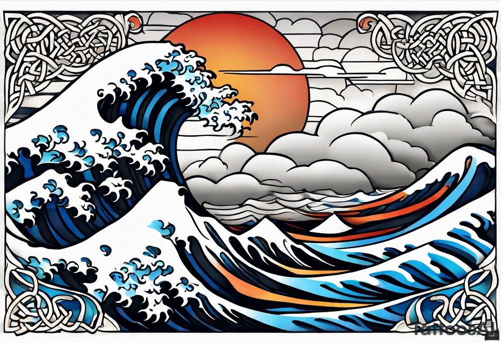 celtic pattern in the negative space japanese wave.  . clouds tattoo idea