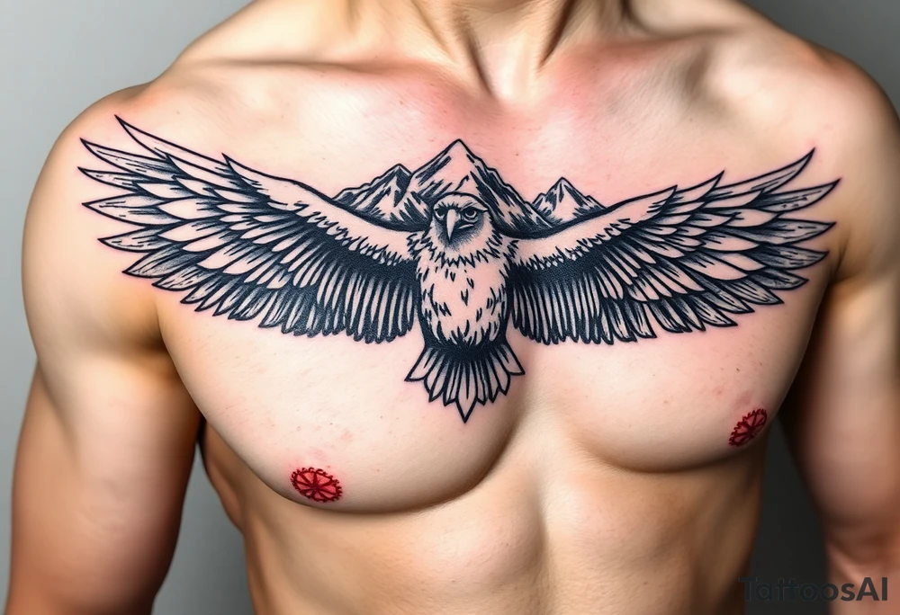 majestic eagle spreading wings against mountain peaks tattoo idea