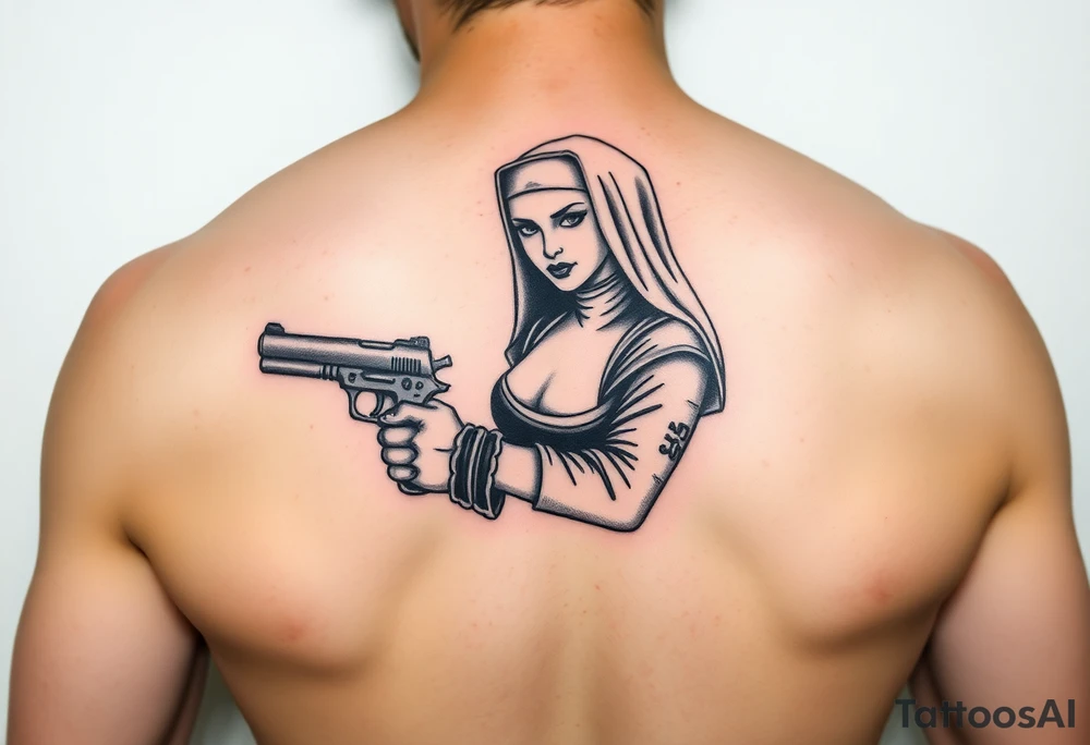 A sexy bad nun junkie with a gun tattoo idea