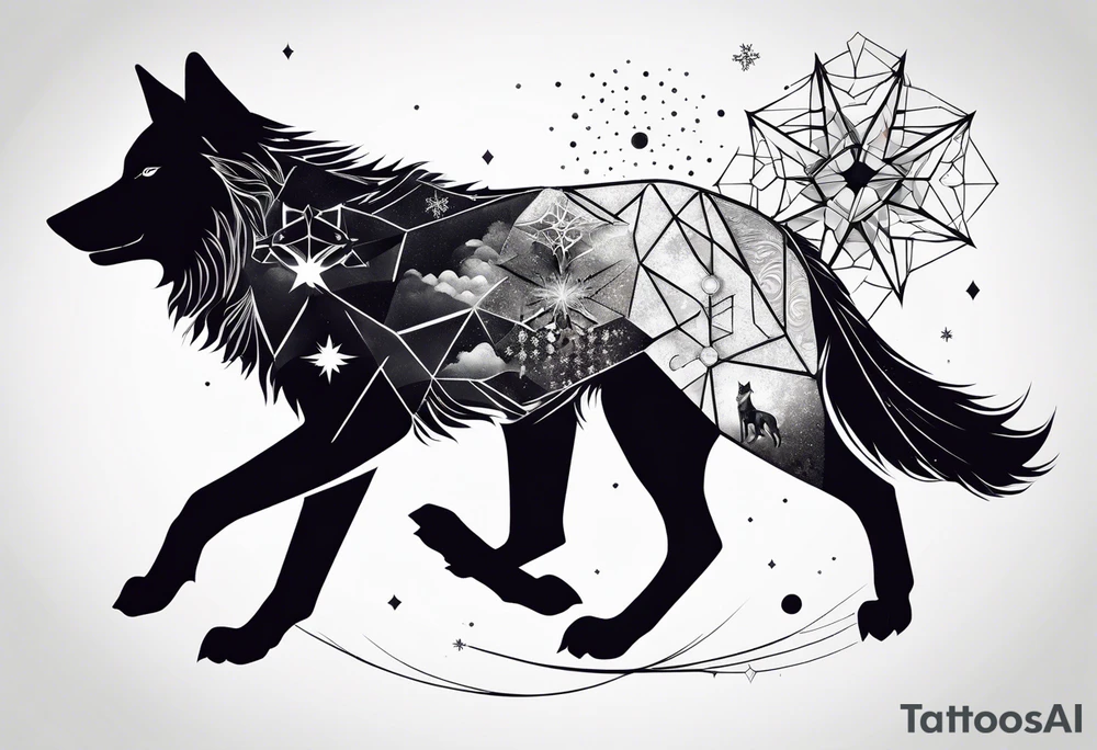 Constellation, two animal wolf, géométric, snowflake tattoo idea