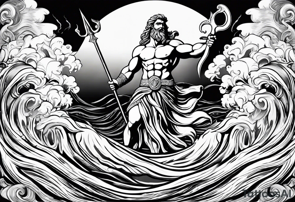 Poseidon holding his trident with waves in the background. Make Poseidon with statue features tattoo idea Poseidon holding his trident with waves in the background. Make Poseidon with statue features tattoo idea