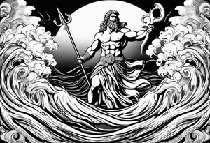 Poseidon holding his trident with waves in the background. Make Poseidon with statue features tattoo idea