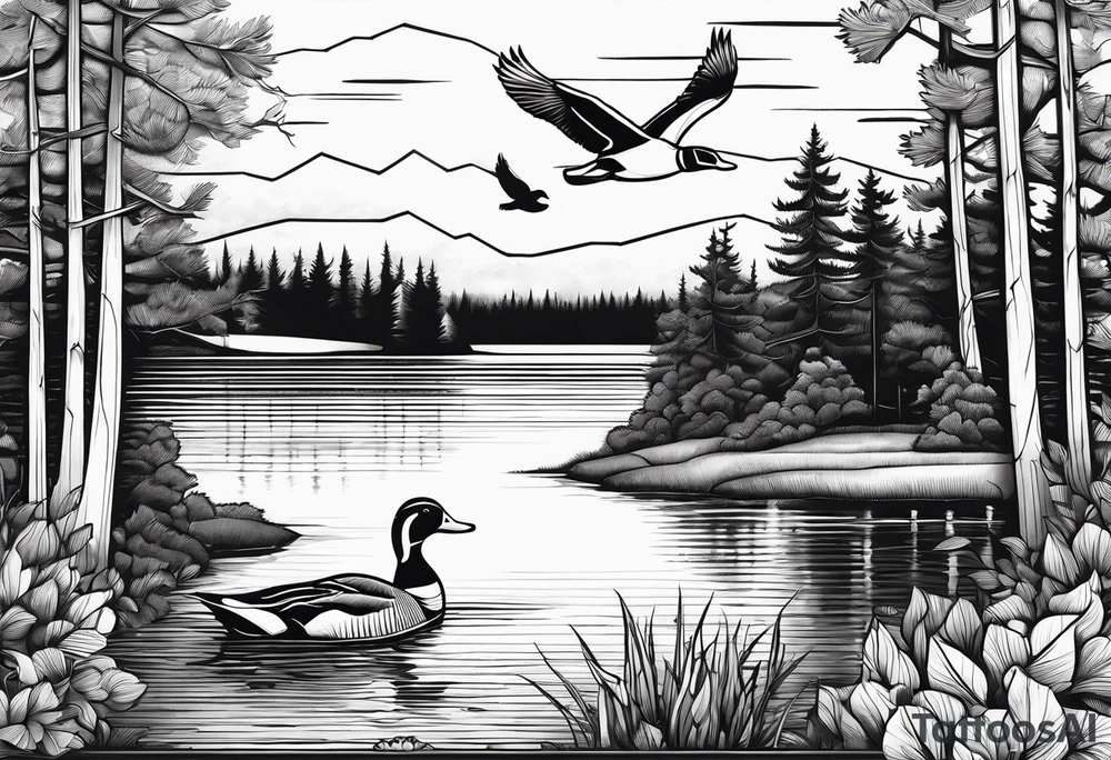 Wooded area with lake, mallards flying, and a model t tattoo idea