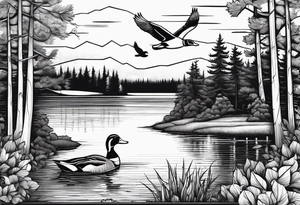 Wooded area with lake, mallards flying, and a model t tattoo idea