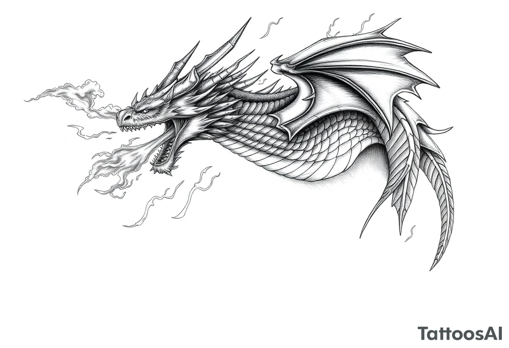 fierce dragon breathing iridescent fire against stormy skies tattoo idea