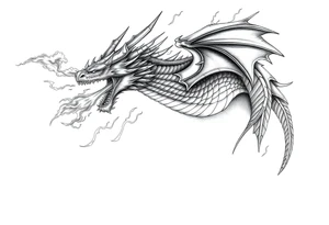 fierce dragon breathing iridescent fire against stormy skies tattoo idea