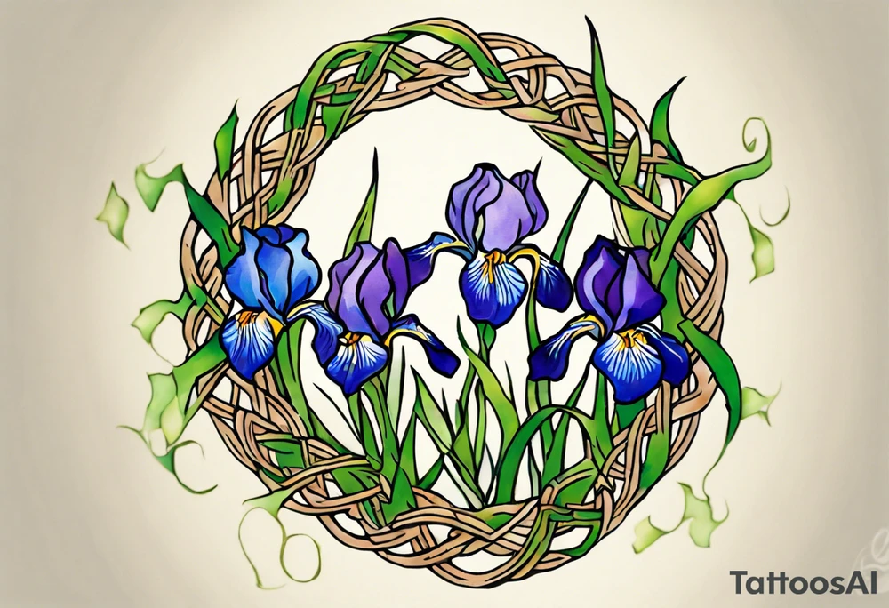 Create a small colorful Vincent van Gogh Irises tattoo , with vines in Celtic knots gracefully intertwining at a central point in the middle of the wreath.  The intended placement is on the upper chest. The overall design should be small in size while maintaining a delicate and artistic aesthetic. Pay attention to the graceful flow of the vines and the placement of the irises to achieve a refined and elegant look. tattoo idea