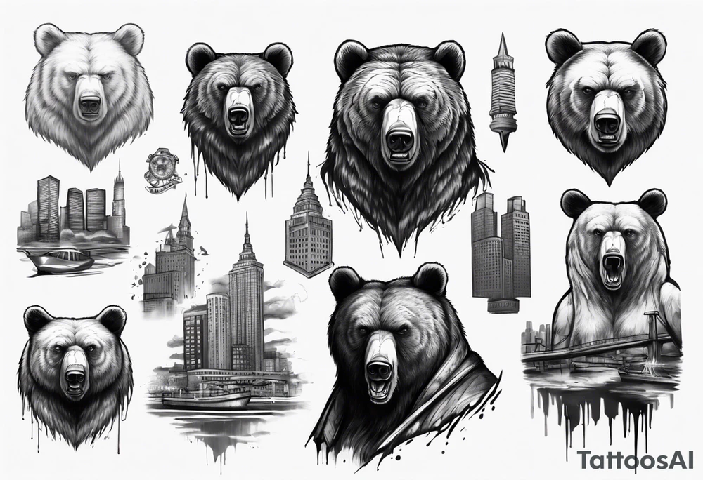 Serious bear behind a city tattoo idea