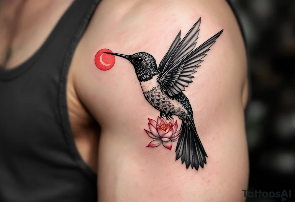 A hummingbird drinking from a lotus flower with one wing made of light (sun disc) and the other made of shadow (crescent moon) (red and black only) tattoo idea