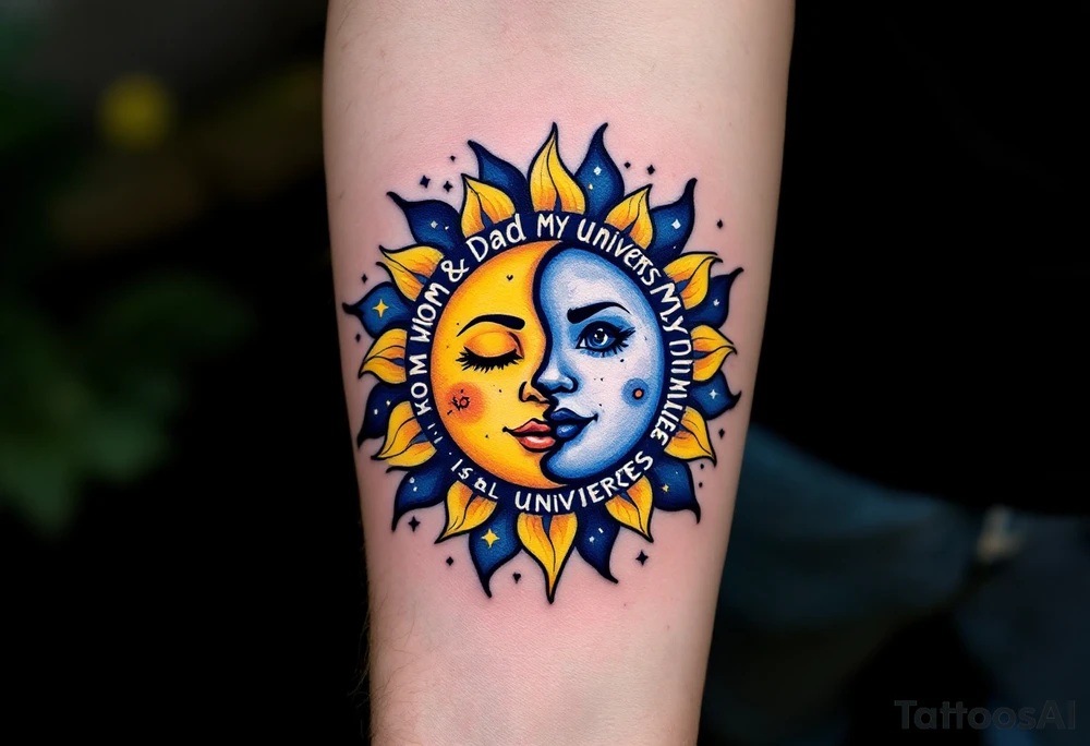 A whimsical sun and moon design in yellow and navy with “Mom & Dad My Universe” circling it. tattoo idea