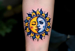 A whimsical sun and moon design in yellow and navy with “Mom & Dad My Universe” circling it. tattoo idea