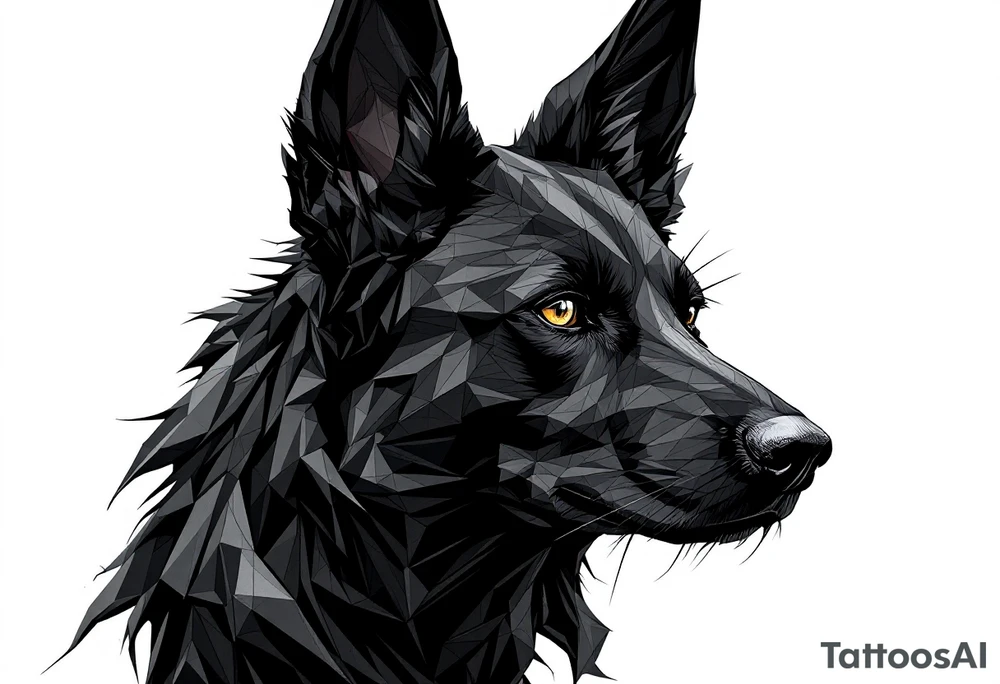 a creature that looks strongly like a black Labrador and a black German Shepard , resembling Anubis, with the tall pointy ears of a jackal, but the top of one floppy , looking back, serious and daring tattoo idea
