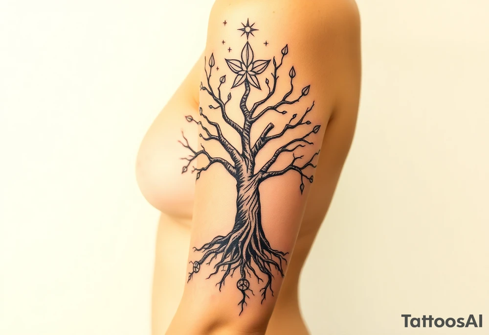 mystical tree of life with cosmic roots and celestial branches with 4 leaf klovers tattoo idea