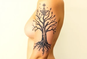 mystical tree of life with cosmic roots and celestial branches with 4 leaf klovers tattoo idea