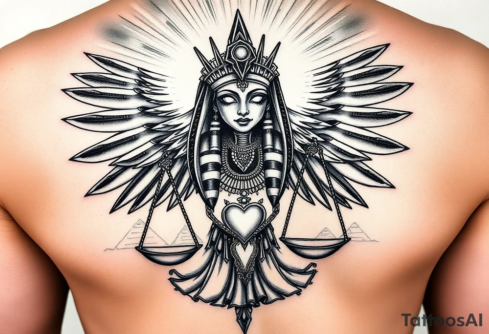 “Super realistic black and grey tattoo of the Egyptian goddess Ma’at, depicted as a regal woman with an ostrich feather headdress, intense glowing eyes, and intricate ancient Egyptian jewelry. She stands or floats amidst swirling cosmic energy and beams of light, with subtle hieroglyphics and pyramids in the background. Incorporate the Scales of Justice—one side holding a heart, the other Ma’at’s feather—glowing with ethereal energy. Emphasize dramatic lighting, deep shadows, and surreal, mystical atmosphere to match a sleeve with Anubis and cosmic motifs. Design should flow with existing sleeve art, using soft transitions and layered textures. tattoo idea