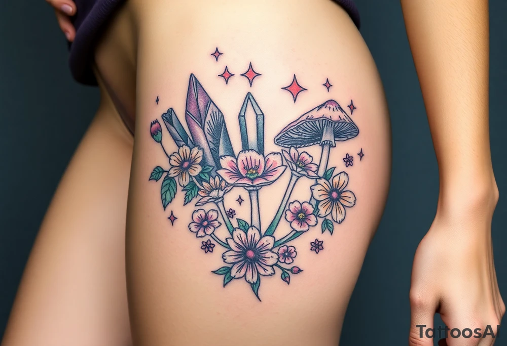 psychedelic  tattoo with crystals and  flowers and mushrooms tattoo idea