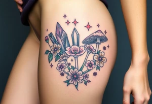 psychedelic  tattoo with crystals and  flowers and mushrooms tattoo idea