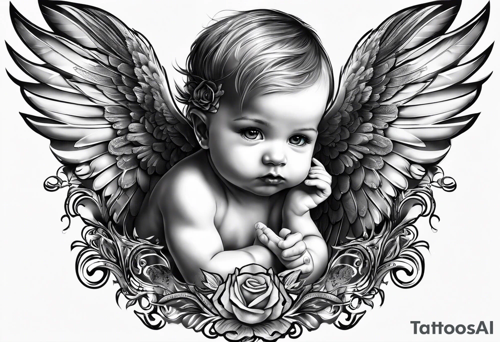 Tattooed baby with angel wings. Name Leah written under in gothic letters. tattoo idea