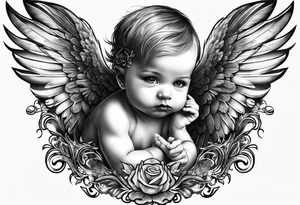 Tattooed baby with angel wings. Name Leah written under in gothic letters. tattoo idea