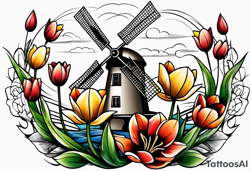 windmill and tulips tattoo idea