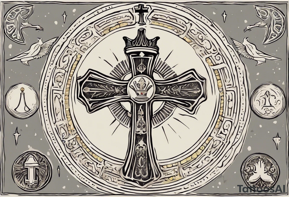 A medieval cross with an assyrian flag in the middle. A crown om top of the cross. The assyrian king Sennacherib. A sun and a moon. A cloud with rain and thunder. charizard. an imperfect cirkle. a candle. a swan. lemons. the god asshur with wings. an ankh. angel wings with a halo. surrounded by olive branches and feathers. tattoo idea