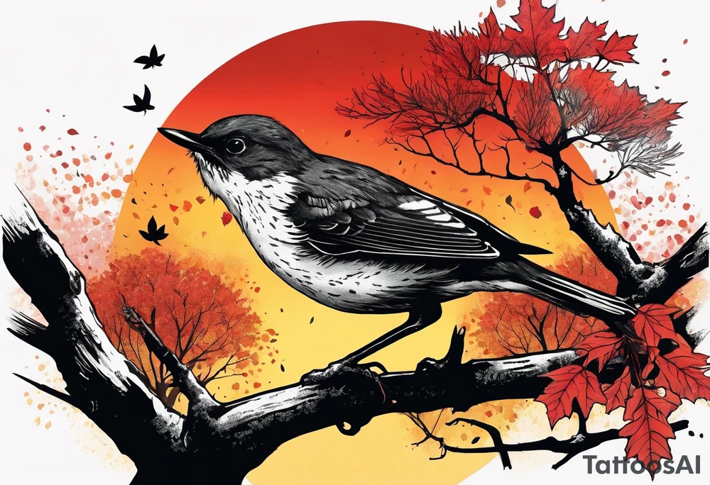 trash polka style. Arm tattoo. chest tattoo. Long tattoo. large tattoo. Full sleeve. Shoulder. A single large maple tree with red autumn leaves that branches upwards from wrist to shoulder. White-throated dipper bird on the trees branches. Calluna flowers at the base of the trees stem. Tree stem has dark colors. Red/yellow sunset behind the trees stem. Leaves falling. tattoo idea