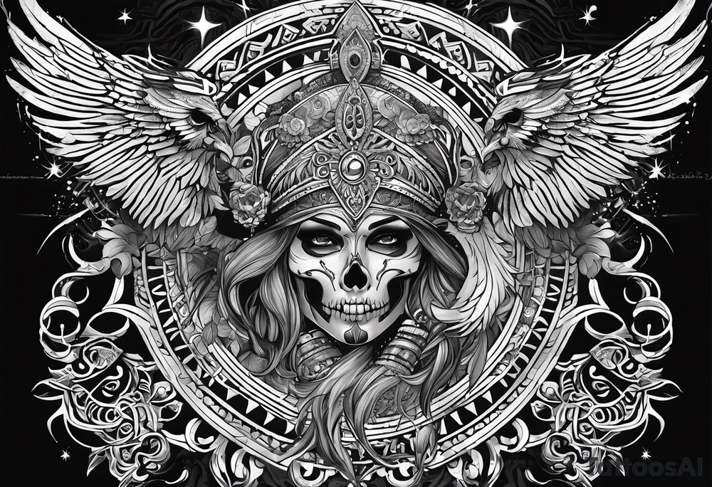 black kali, goddess pirate, alien, pachamama, valkrye, warrior, skull, lotus azul, wing, eagle, zenza resonance, stars, 5D tattoo idea