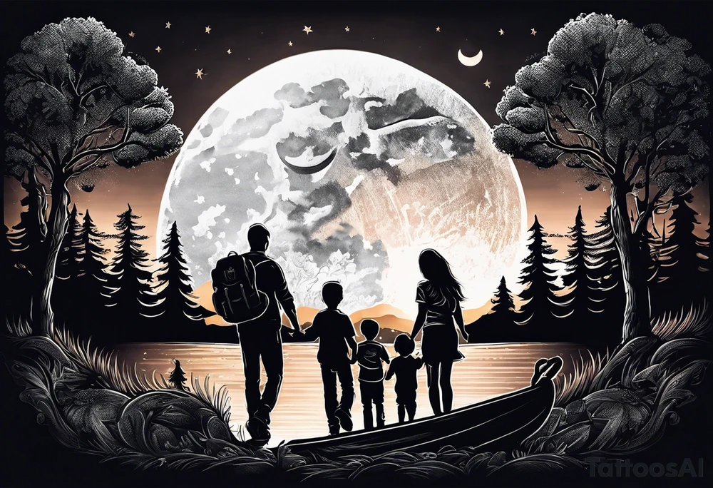 Tattoo of a family of four on a male forearm 
- dad, mom and two boys around a campfire.  Background is a sunset at the bottom, night at the top with a big beautiful moon. tattoo idea