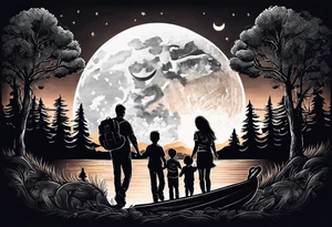 Tattoo of a family of four on a male forearm 
- dad, mom and two boys around a campfire.  Background is a sunset at the bottom, night at the top with a big beautiful moon. tattoo idea