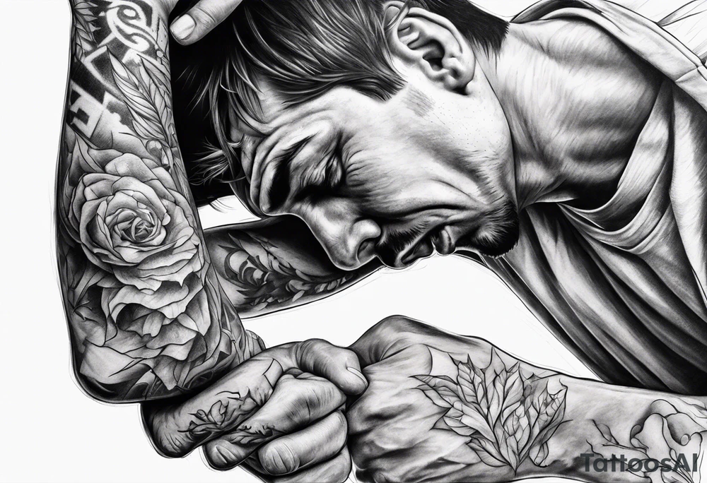 extreme chronic joint pain breaking through skin on arm sorrow sad broken tissue  man realistic tattoo idea