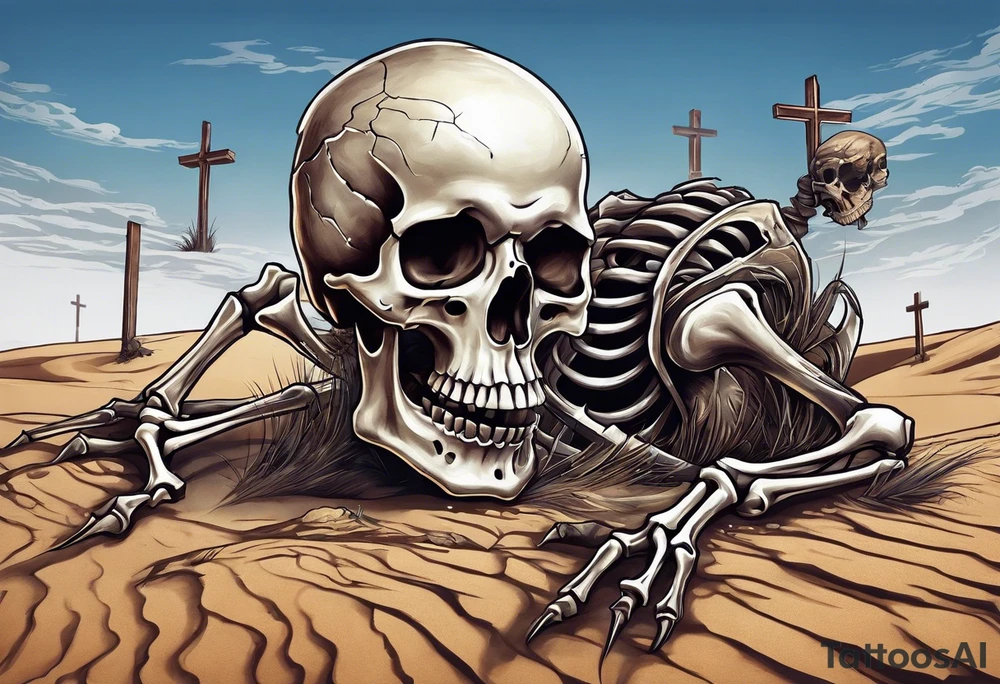 skeleton crawling towards a cross in a desert tattoo idea