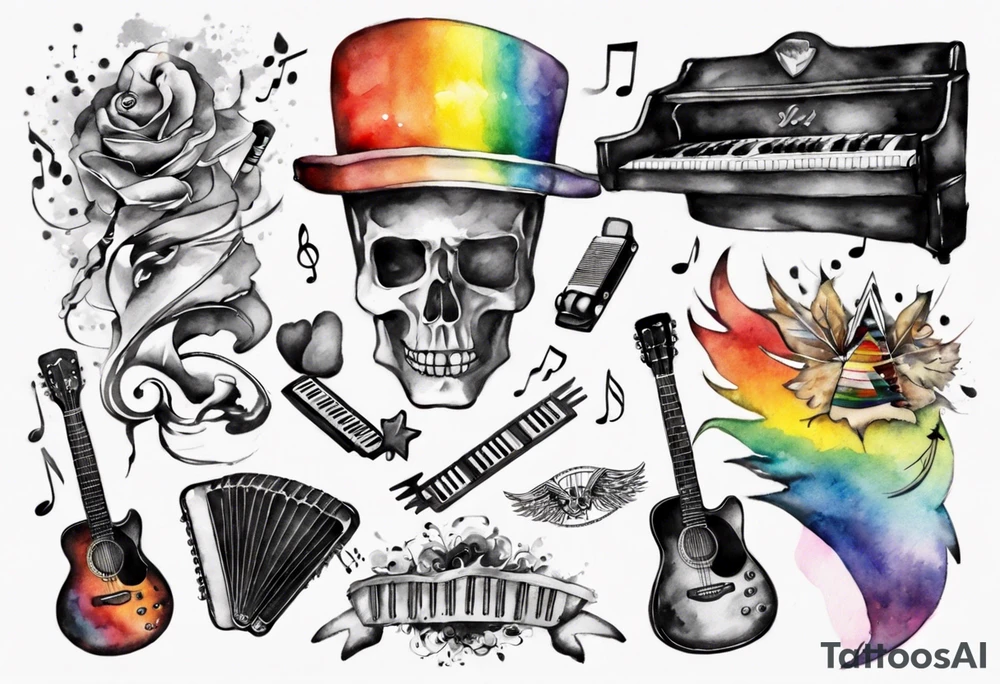 Music, guitar, harmonica, pick, dad, thunder, rainbow, tattoo idea